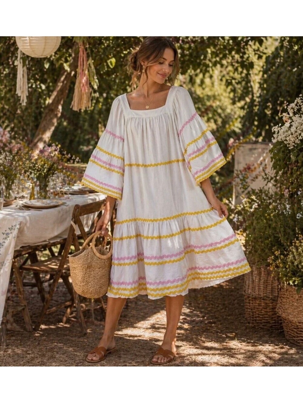 Lisa Marie Fernandez White Dress with Black Bric Brac Trim - Size S - Picture 4 of 4